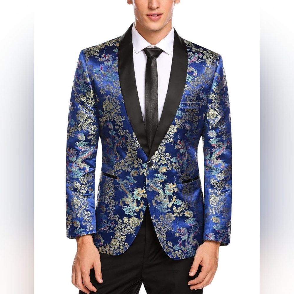 Coofandy Vibrant Blue & Multi Color Asian Inspired Dragon Print Blazer